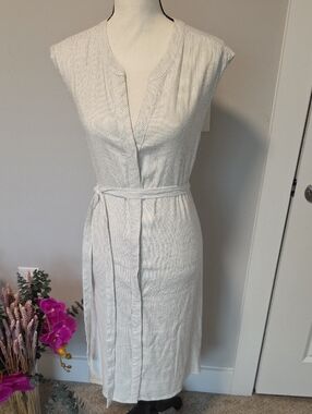 Tahari White with Thin Black Pinstripe Tie-Waist Midi Dress